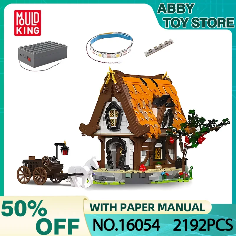 Mould King 16054 Streetview Building Block The Medieval Wooden House Model with Led Part Assembly Brick Toys Kids Christmas Gift