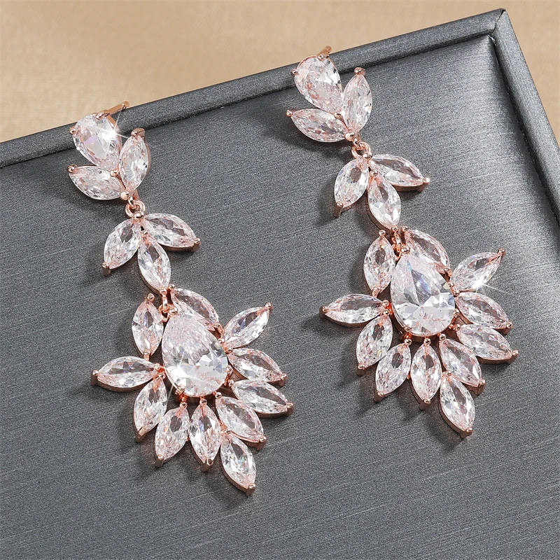 ZAKOL Leaf Marquise Zircon Bridal Earrings for Women Luxury Shiny Crystal Zirconia Long Drop Earring Elegant Wedding Jewelry