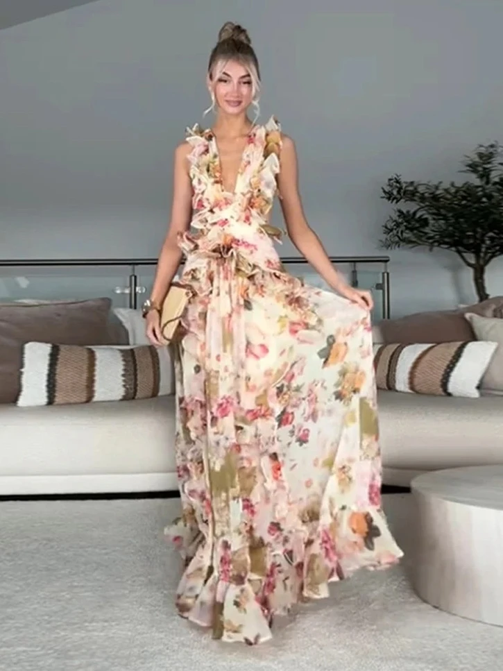 

Длинное платье с открытой спиной и принтом, женское плиссированное многослойное платье без рукавов с v-образным вырезом и разрезом, летние шикарные праздничные платья