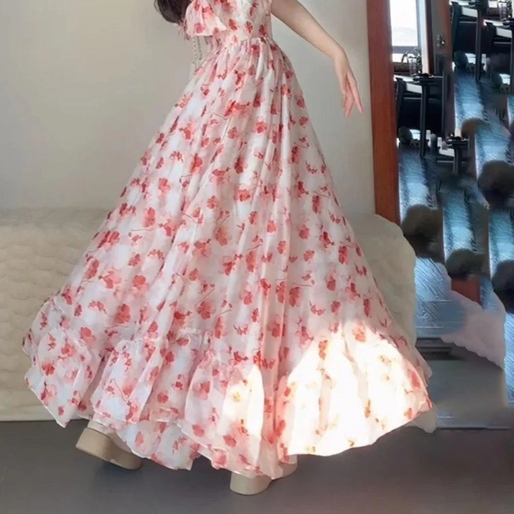 

Atmosphere vacation style tea break long dress princess dress summer niche French pink super fairy floral off-the-shoulder dress