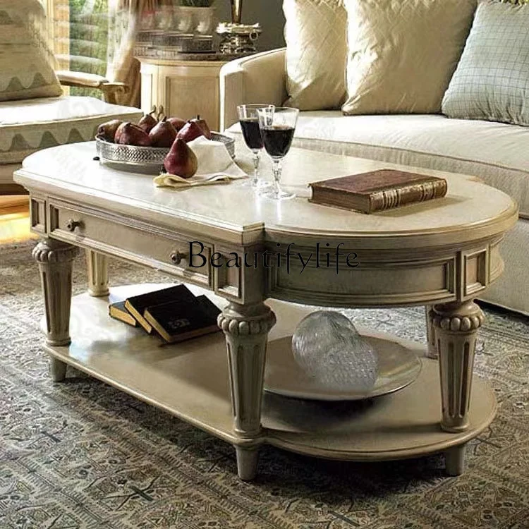 French American Style Solid Wood Retro Distressed Villa Leisure Oval Oak High Quality Tea Table Furniture