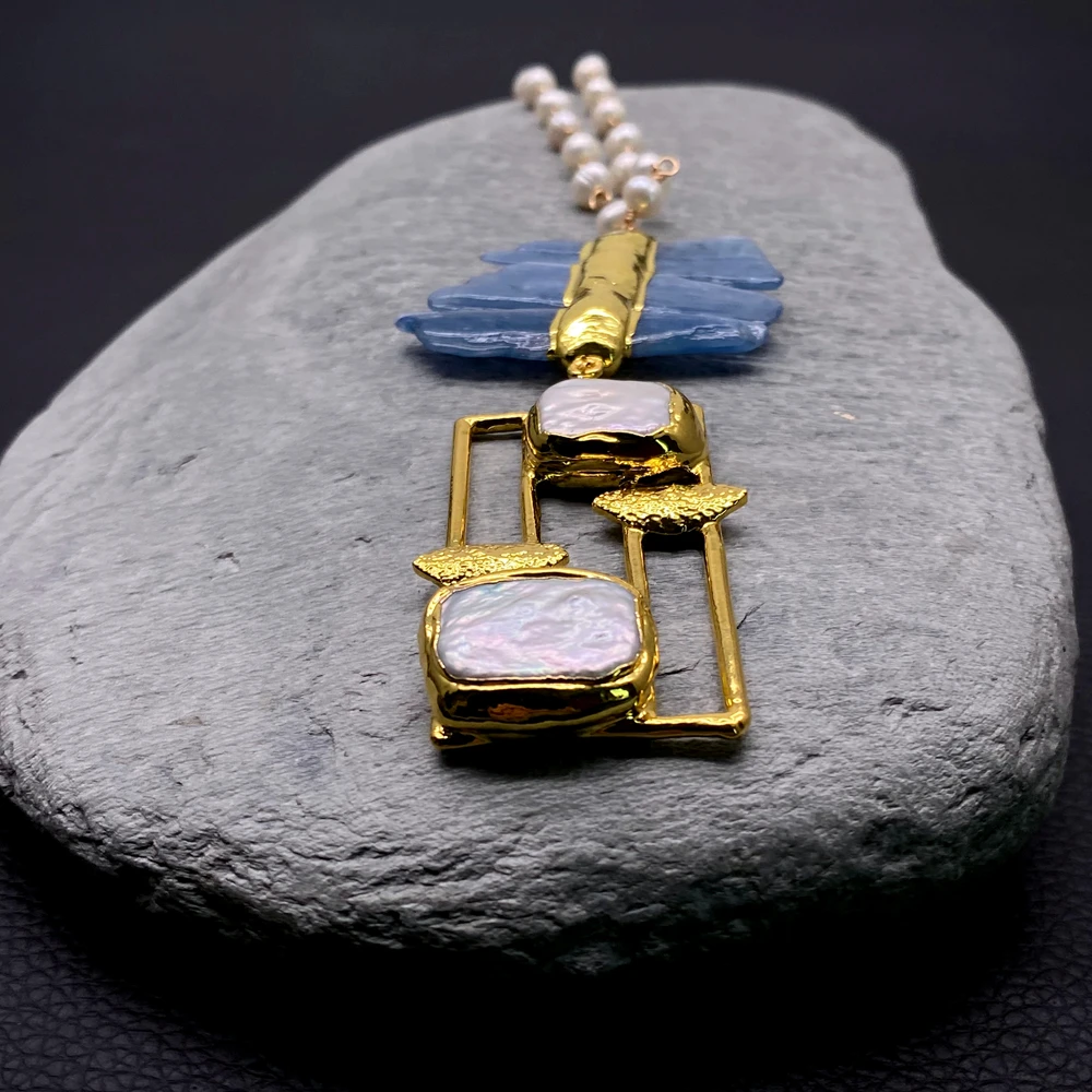 Natural Blue Kyanite Pendant Necklace Freshwater Pearl Chain with Pearl Inlay Handmade Abstract Women Gemstone Jewelry