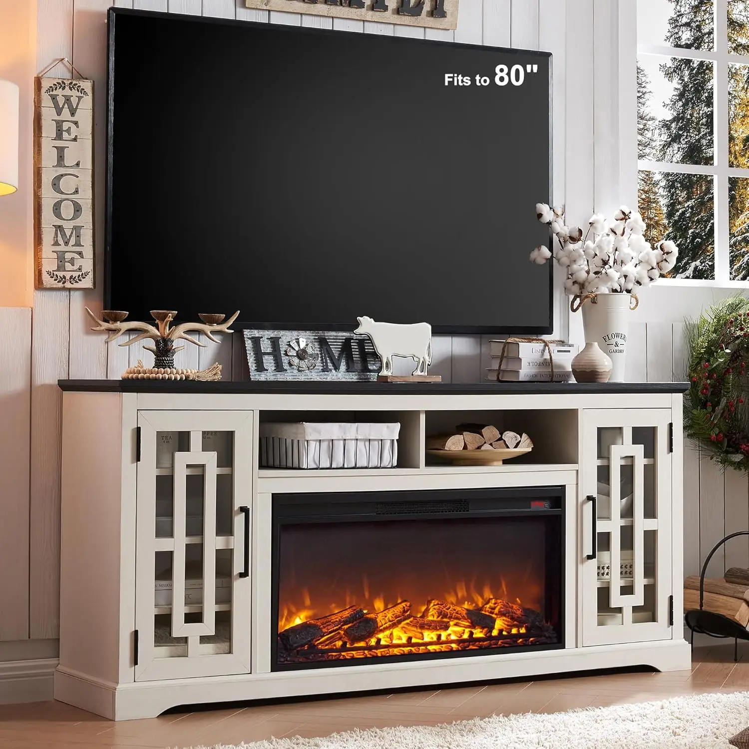 

JXQTLINGMU Fireplace TV Stand with 36" Electric Fireplace for 80 Inch TV, Farmhouse 32" Tall Highboy Entertainment Center w/6 Sh