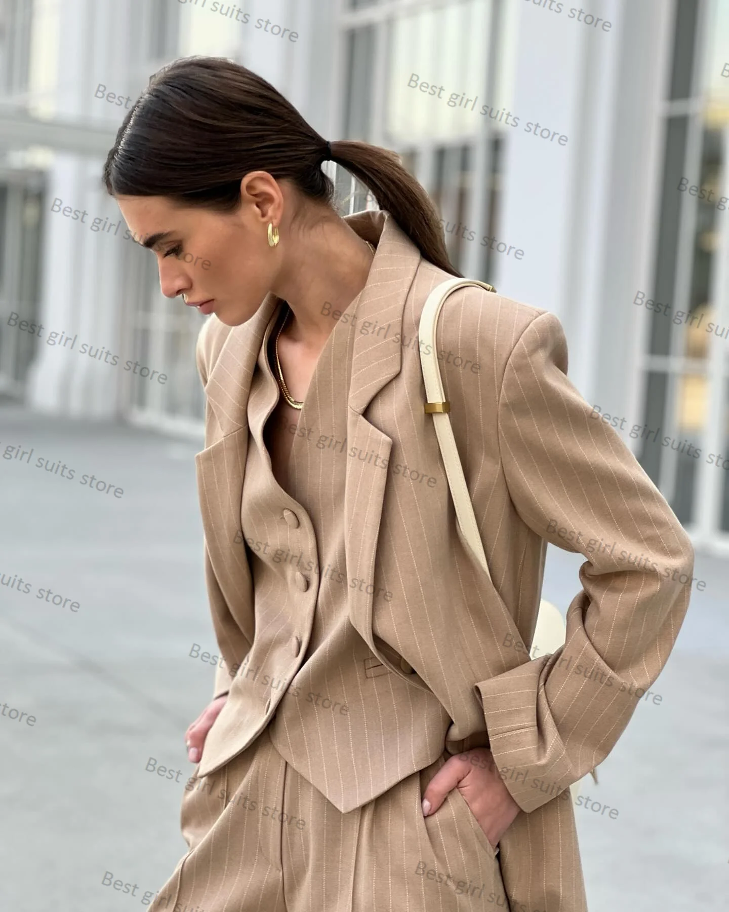 Khaki Pinstripe Women Suit Pants Set 3 Piece Jacket+Vest+Trouser Formal Office Lady Blazer Red Carpet Tuxedo Tailored Prom Dress