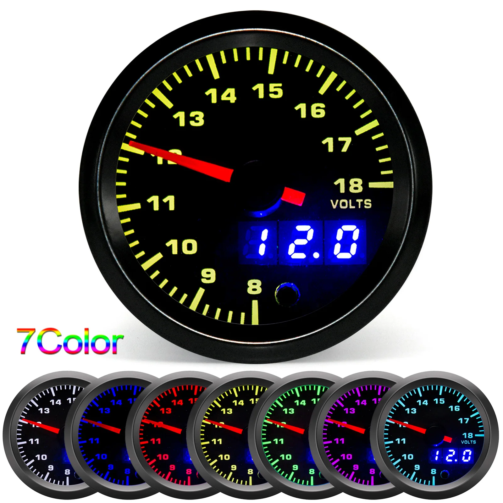 AD 7 Colors Backlight Voltmeter 52mm Voltage Gauge Waterproof Car Gauge Volt  Indicator 8~18V Battery Tester Accessories view 2