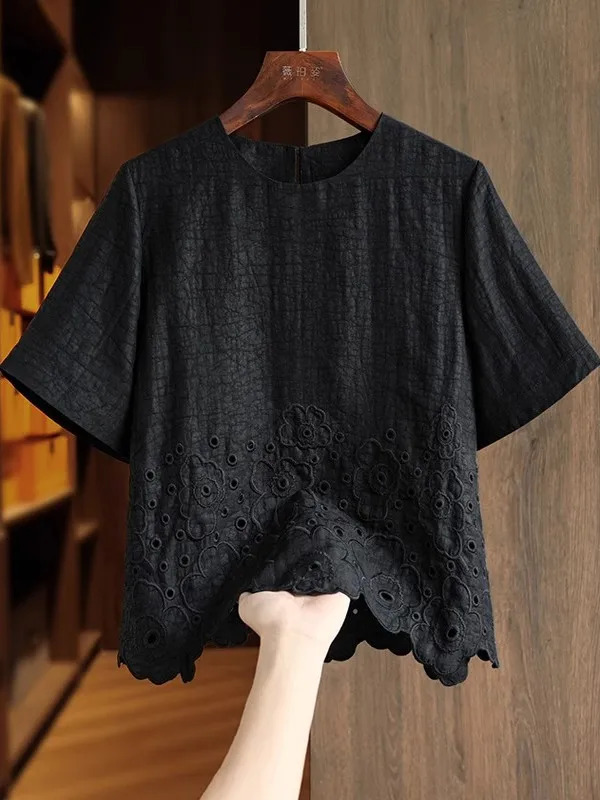 

Bla Silk Yuzen irts Женский ort Sve Топ с вышивкой и вырезами Модный топ для поездок на работу с винтажным воланным подолом круглый Ne