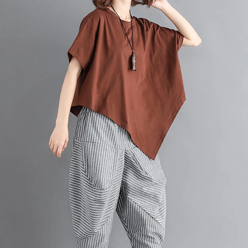 Korean Elegant Fashion Solid Color Short Sleeve T-Shirts Sets Women Elastic Waist Striped Irregular Cotton Hemp Haren Pant Suits