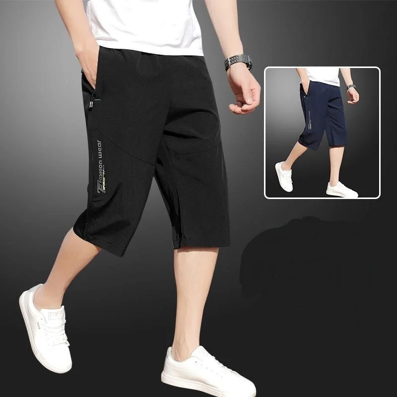 

Мужские укороченные брюки с эластичной резинкой на талии, свободные повседневные брюки из ледяного шелка с карманами на молнии, однотонные мужские брюки со средней талией до середины икры
