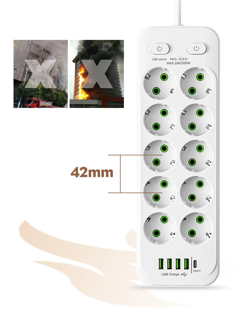 EU-Stecker Mehrfachsteckdose mit 2m Verlängerungskabel, Elektrische Steckdose mit Smart-USB, Überspannungsschutz und Netzwerkfilter für Zuhause und Büro – Detail 16