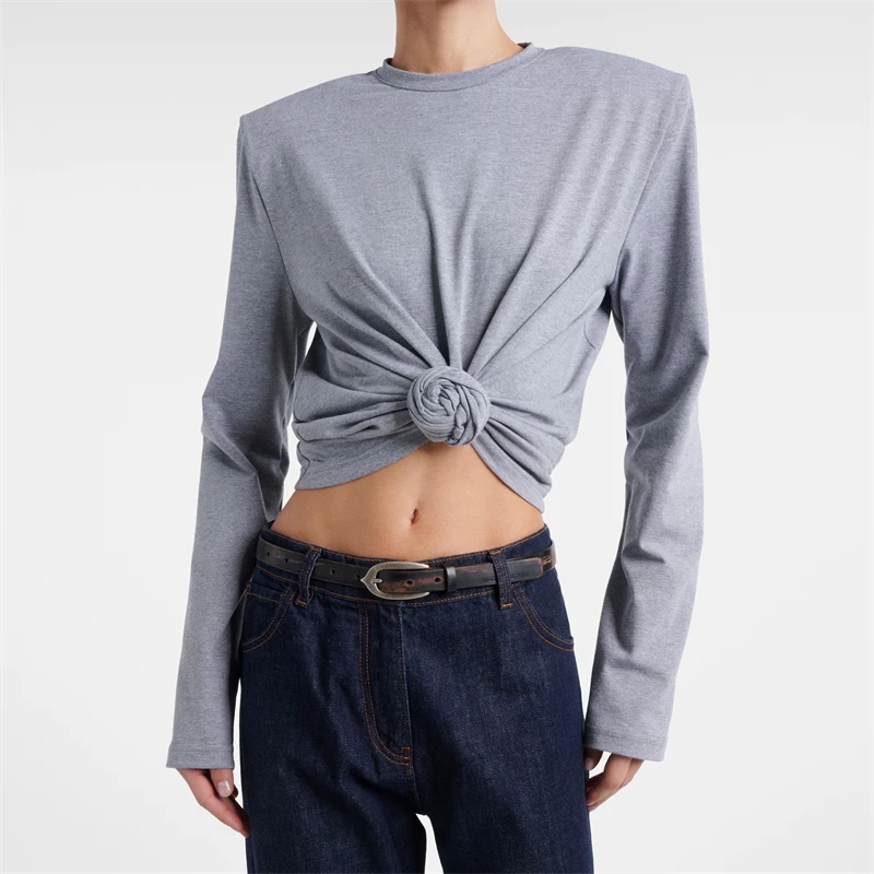 High-quality Y2K autumn new round neck knotted twisted flower long sleeve T-shirt women's fashion casual padded shoulder top