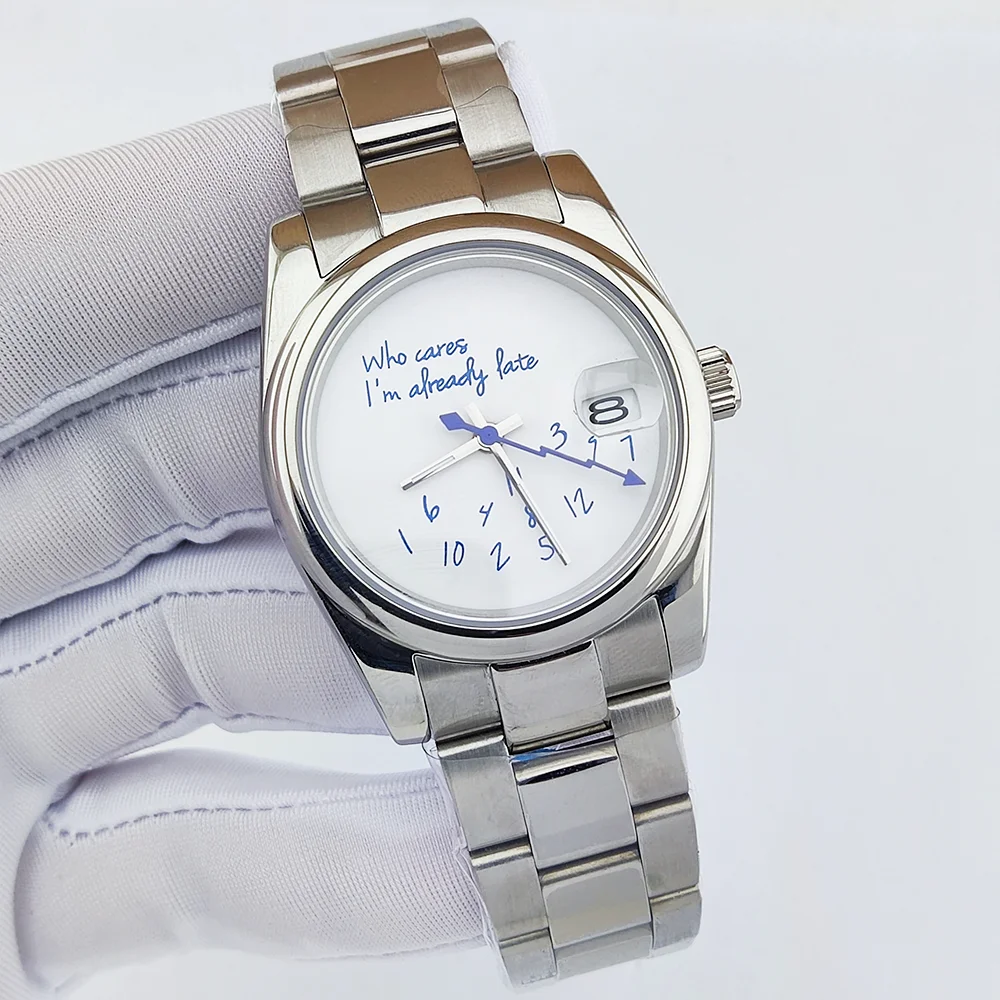 NH35 watch who cares im already late watch blue text dial 10bar waterproof sapphire glass 904L stainless steel watch men's watch image 2