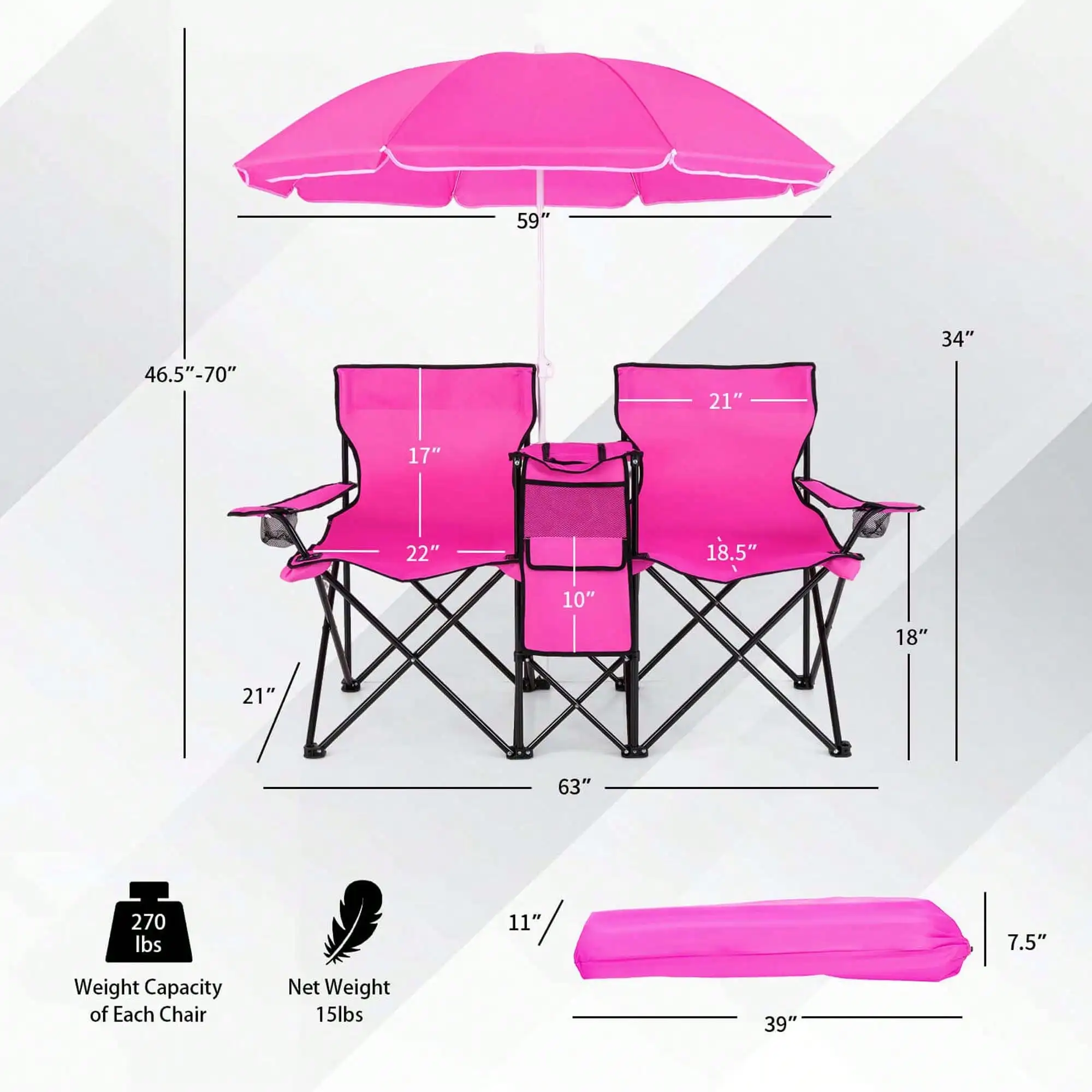 Folding Picnic Double Chair W/Umbrella Table Cooler Beach Camping Turquoise\Black\Red\Gray