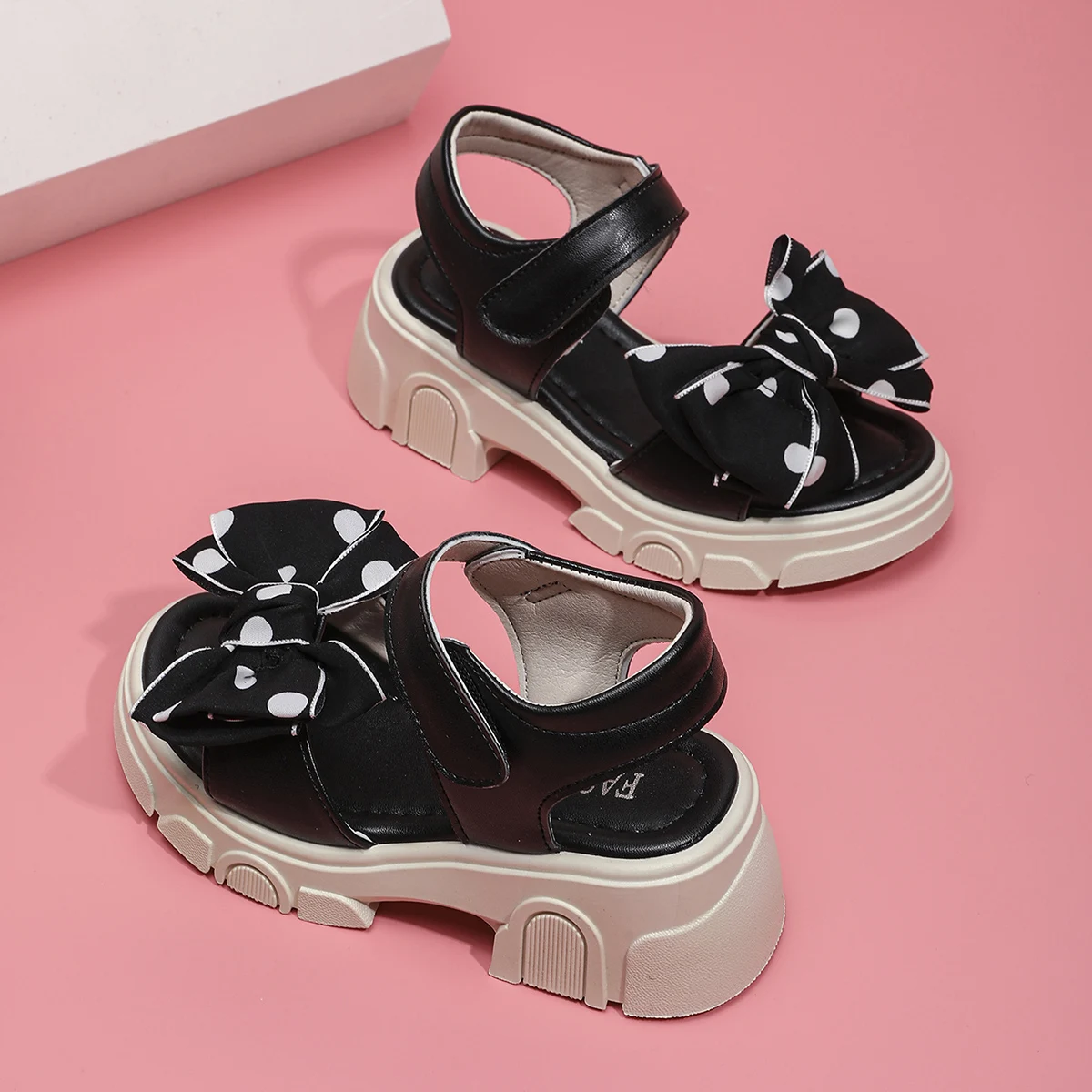 Comfy Kids Girls Black Thick Bottom Sandals with Polka Dot Bow Magic Tape Soft Shock Absorption Lightweight Shoes for Summer Dai