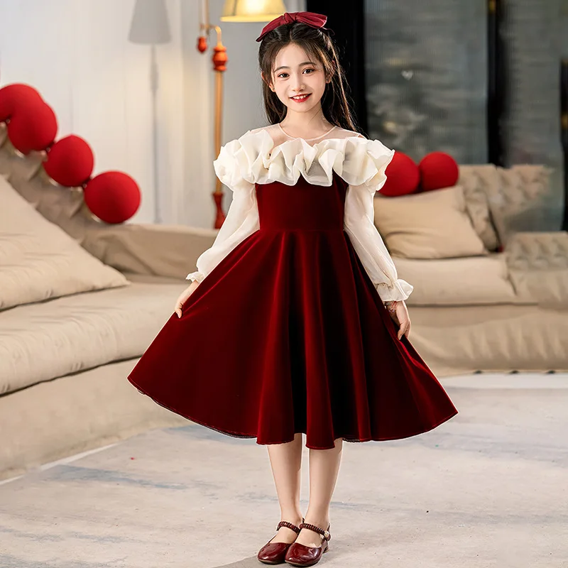 European 2026 Autumn Winter girls Clothes retro teens lace mesh red wreath Child Princess patchwork Dress 4 6 7 8 9 10 12 year