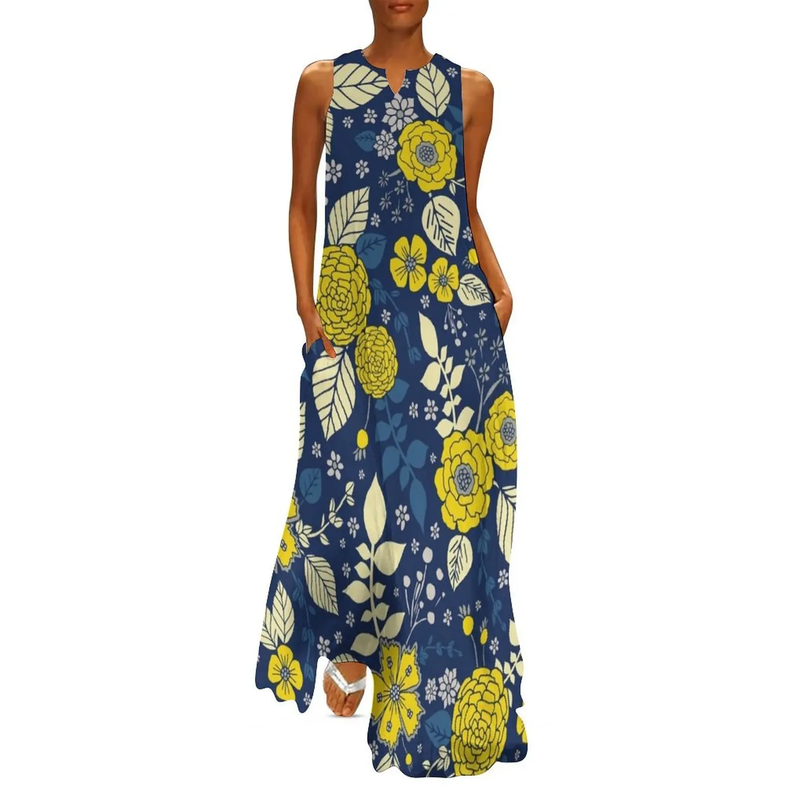

Bright Yellow & Blue Floral Print - Vibrant Flowers Long Dress women's summer dress 2025 Female dress cute