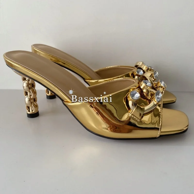 Rhinestone Chains Decor Sandals Women Luxury Patent Leather Slingbacks Unique Twisted Strange Heel Summer Shoes