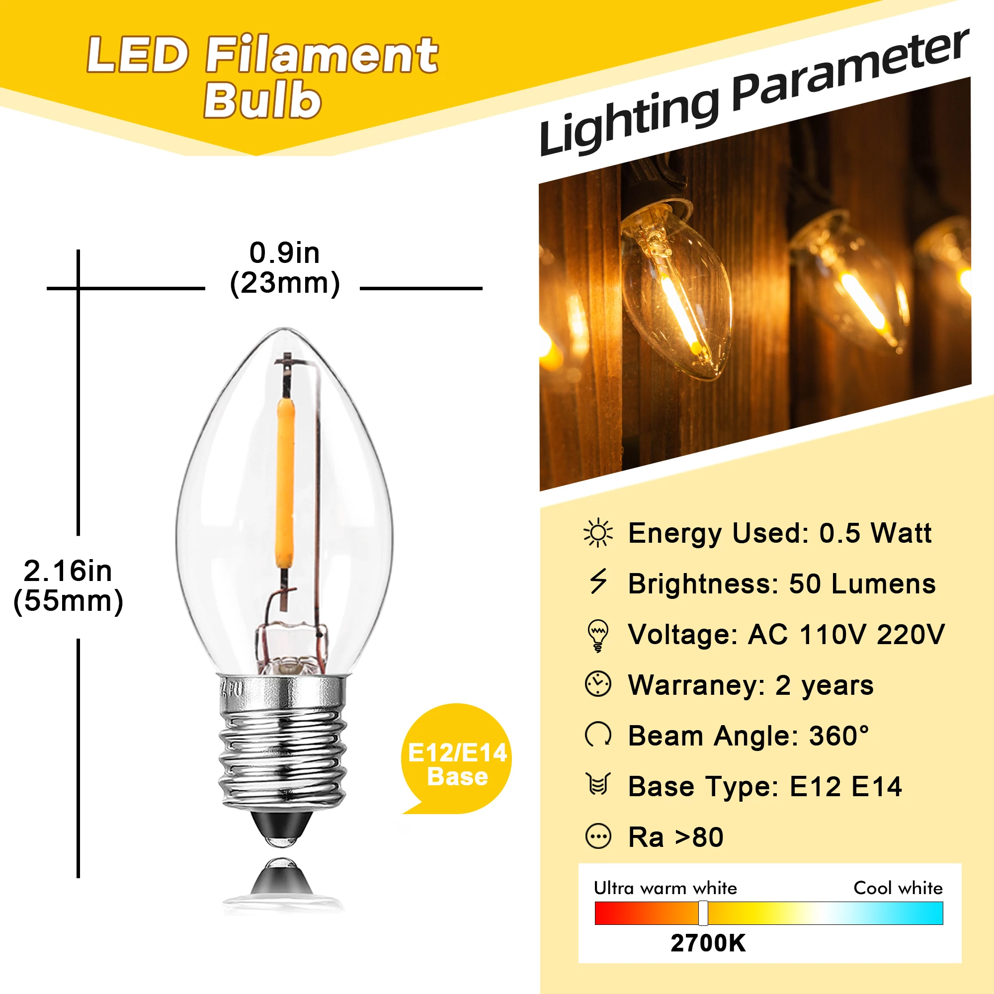 6Pack C7 Candelabra LED Light Bulbs 0.5W E12 E14 Chandelier Base 7W Incandescent Equivalent Vintage Christmas Candle Edison Bulb