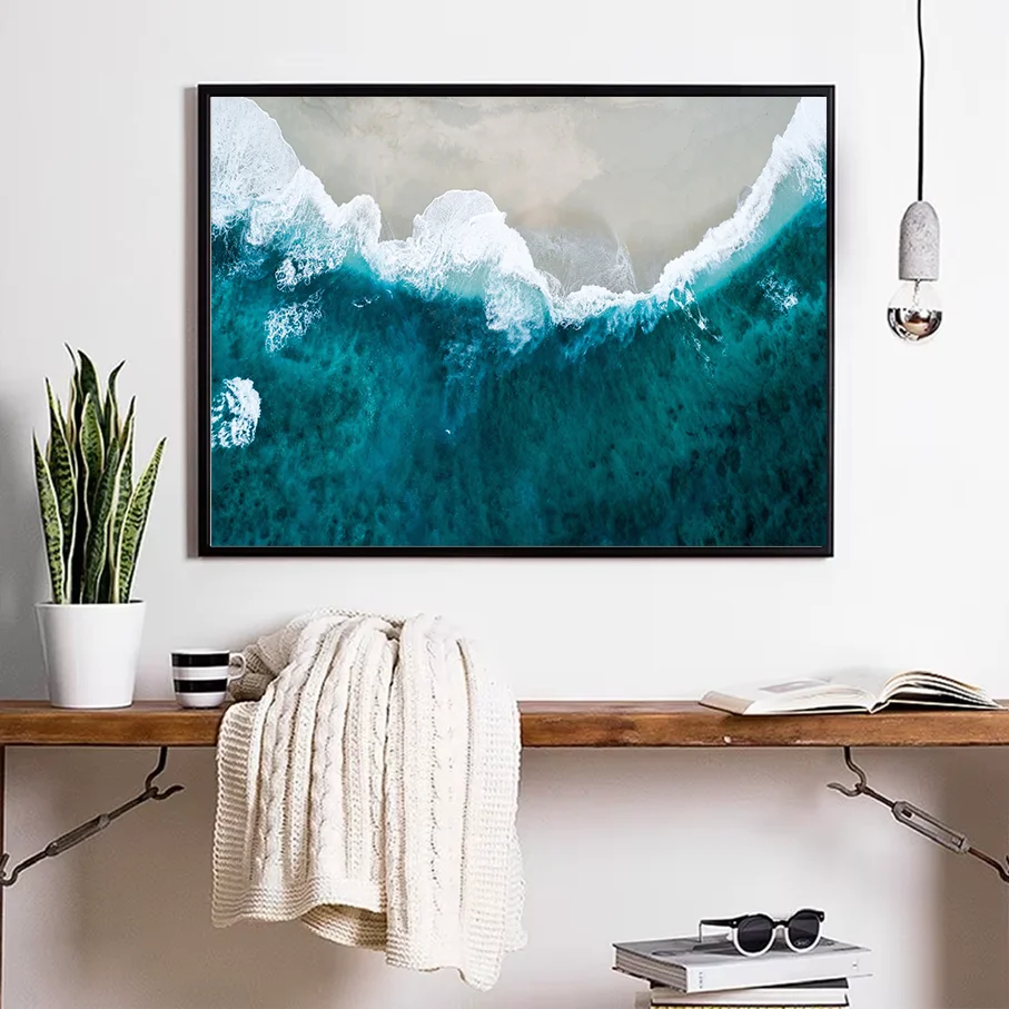 Aerial View Ocean Wave Canvas Print frameless Wall Art Painting Modern Blue Sea Beach Nature Decor Living Room