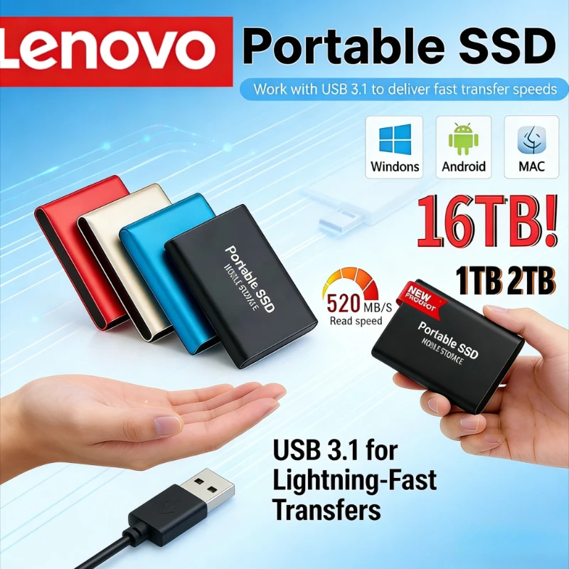 Lenovo 16TB Capacity External Hard Drive Quiet Operation Mob