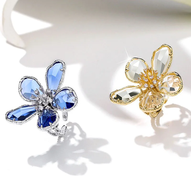 Luxury Crystal Flower Big Open Ring for Women Trendy Fashion Party Summer Holiday Statement Jewelry