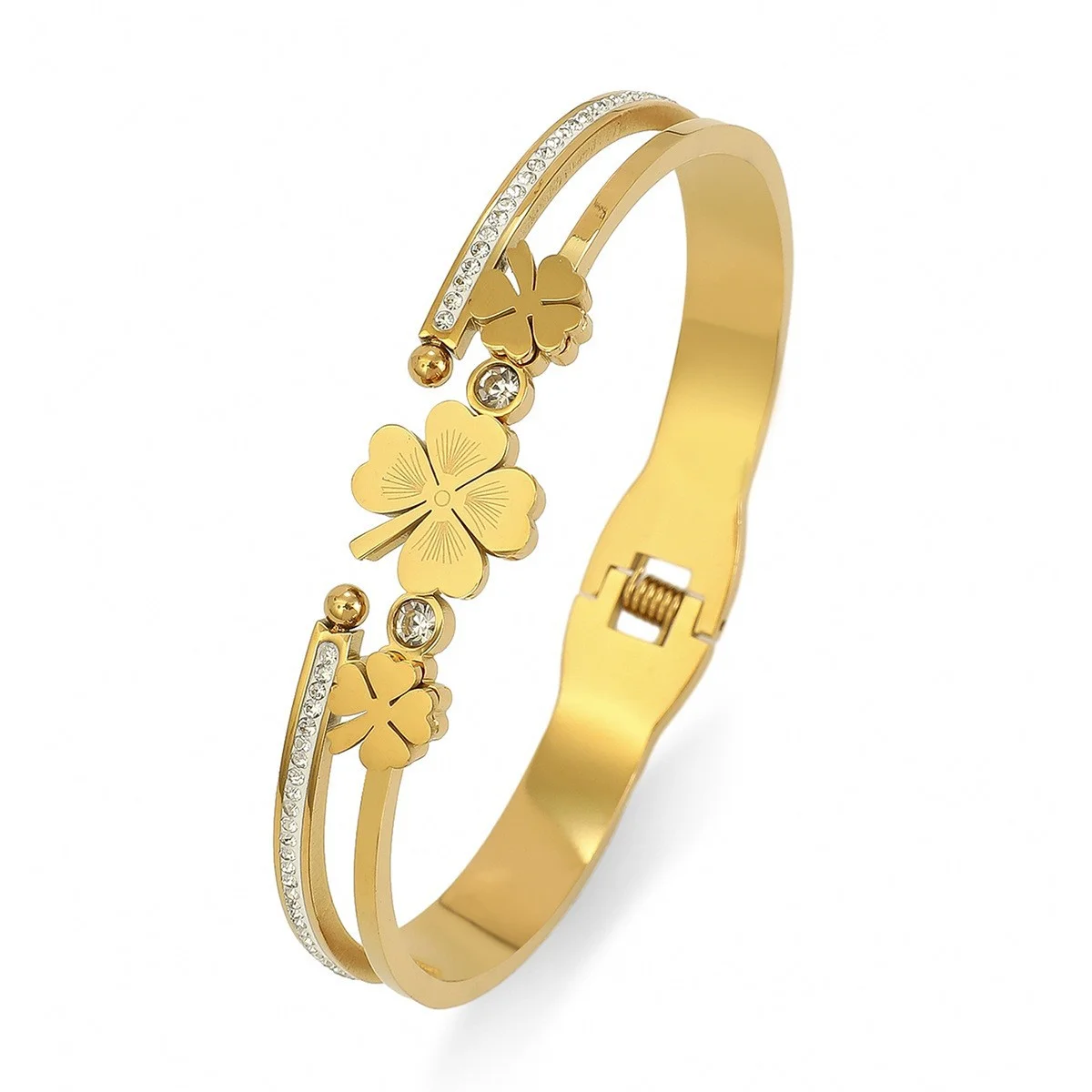 Luxury Female Gold PVD Plated Clover Bangles Lucky Plants Leaf with Shiny Zirconia Double Layer Hard Bracelets Non-Fade Jewelry