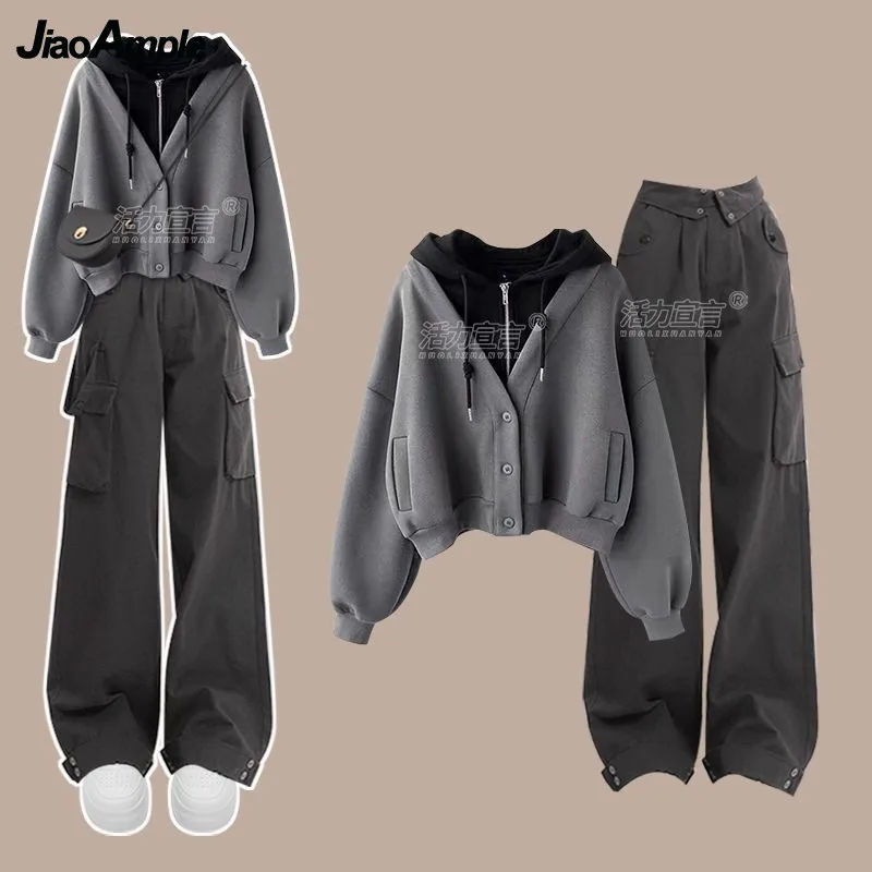 Women's Spring Autumn New Tracksuit Matching Set Korean Elegant Fake Two-piece Hoodie+casual Cargo Pants Suit Girl Trousers Set