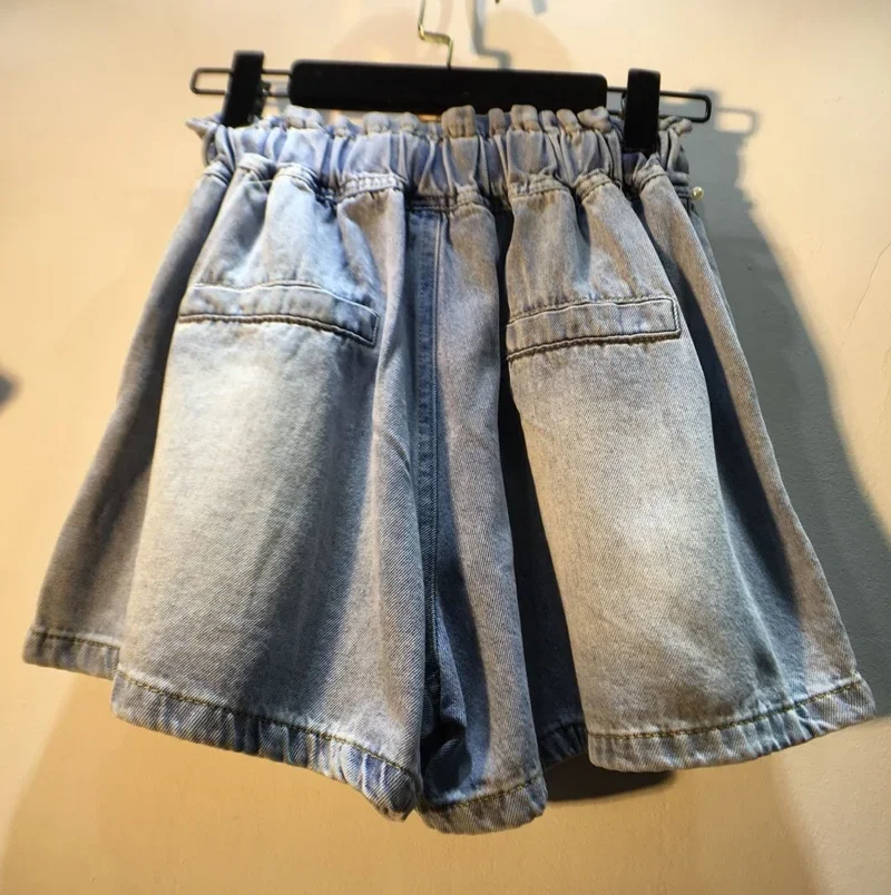 Denim Short Pants Women 2022 Summer Wear New Heavy Industry Tassel Bead Diamond-Embedded High Waist Slimming Wide-Leg Shorts