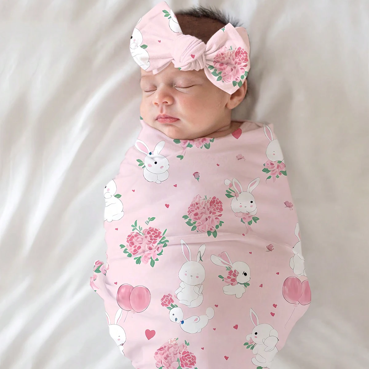 Ylsteed Sweet Floral Bunny Newborn Photography Wrap With Headband Prop for Baby Photoshoot Receiving Swaddle Blanket