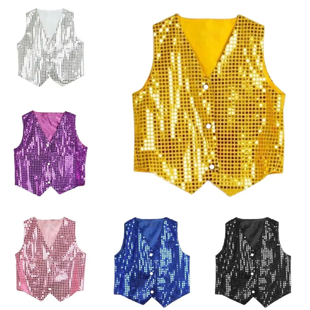 Shining Sequins Clothes Costume Vest Glitter Unisex Colorful Kids Sleeveless Sequin Vest for Party Stage Dance Vest Waistcoat