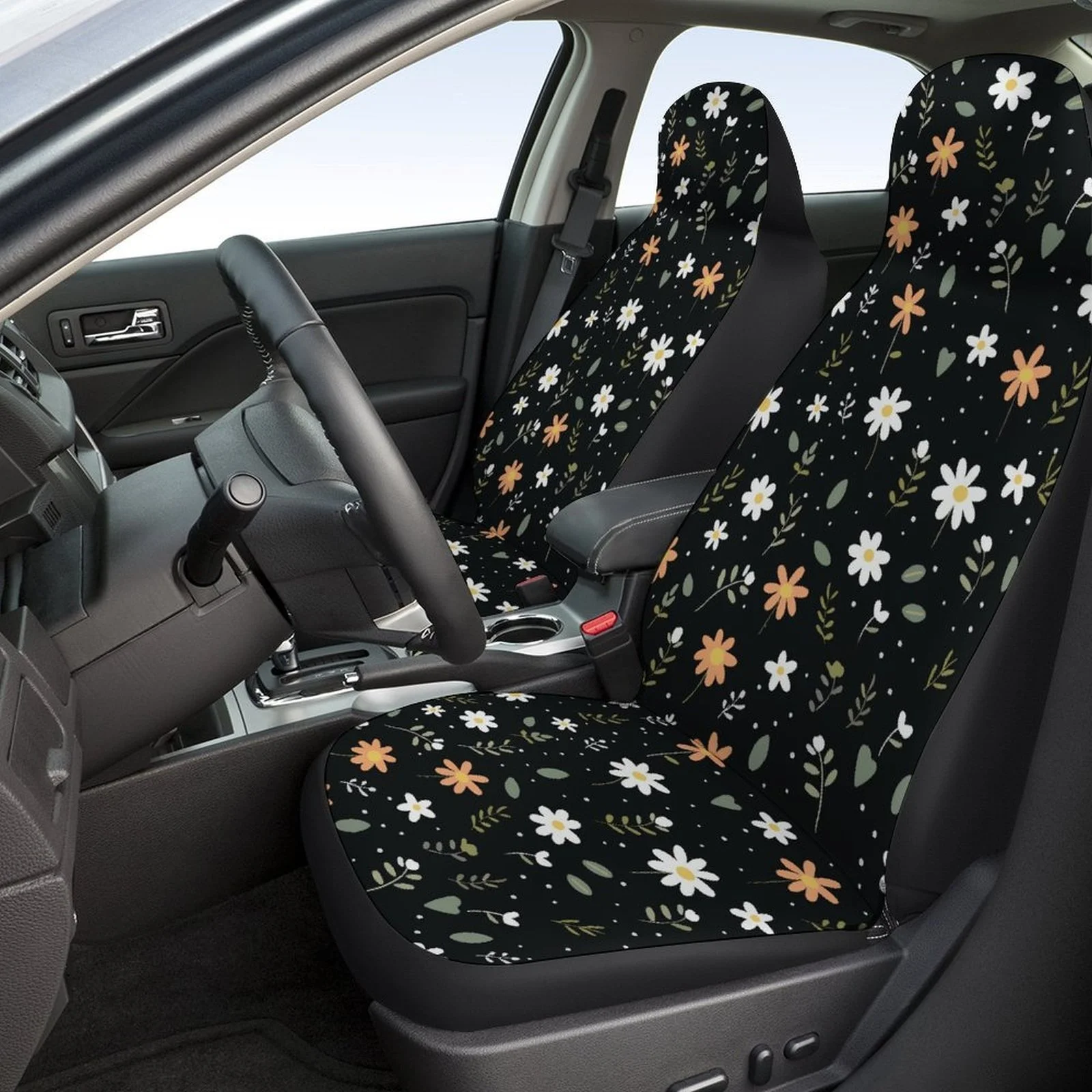 2pcs Car Interior Seat Covers Breathable Non-slip Front Row Seat Covers Yellow And White Small Daisy Natural Style