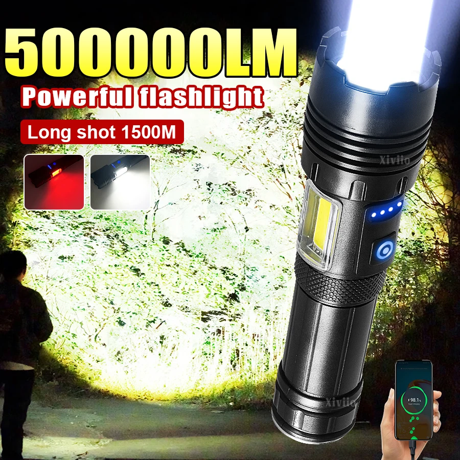 

Суперяркий светодиодный фонарь 2026 500000LM из ABS-пластика, перезаряжаемый, со встроенным аккумулятором, дальность освещения 1500 м, для кемпинга на открытом воздухе