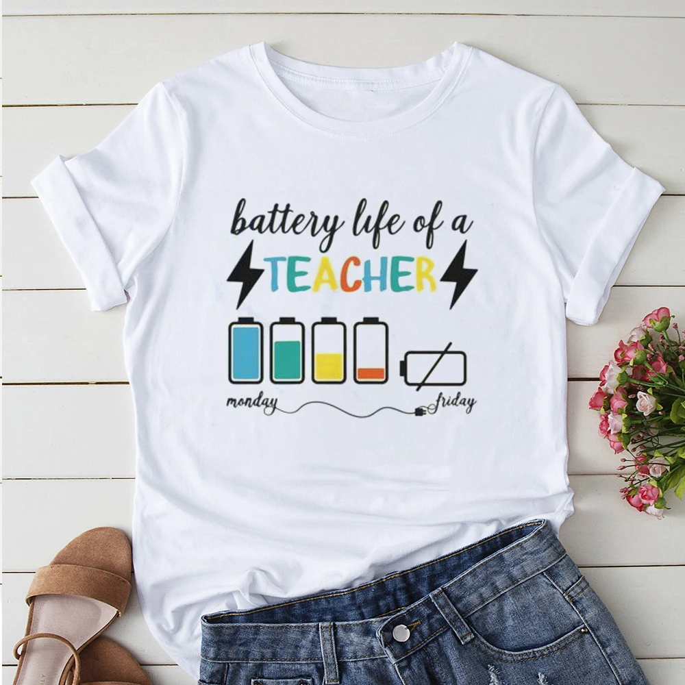 Camiseta con estampado de Battery Life of Teacher para mujer, camisetas informales para mujer, camisetas de manga corta Y2k, camisetas Harajuku de los 90, regalo divertido para mujer