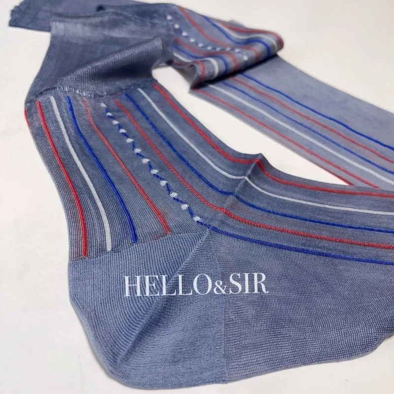 Classical Men Business Suit Dress Socks Transparent Nylon Striped Breathable Thin Mid Tube Socks for Formal Wear Sheer Stocking