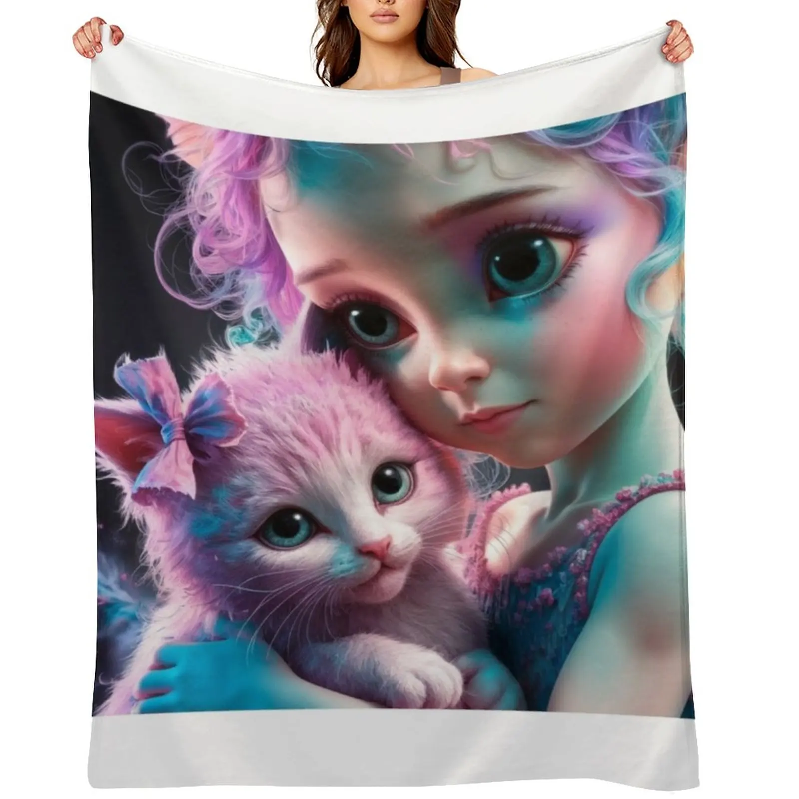 

Girl With Kitty Throw Blanket Sleeping Bag Shaggy Luxury St Sofa Throw Blankets