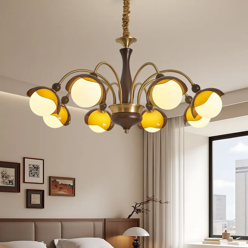 

All copper antique living room chandelier simple walnut color dining room light retro atmosphere living room chandelier wholesal