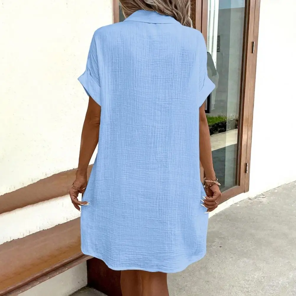 

Single-breasted Dress Stylish Knee-length Midi Dress Turn-down Collar Short Sleeves Patch Pocket for Summer Commute Leisure