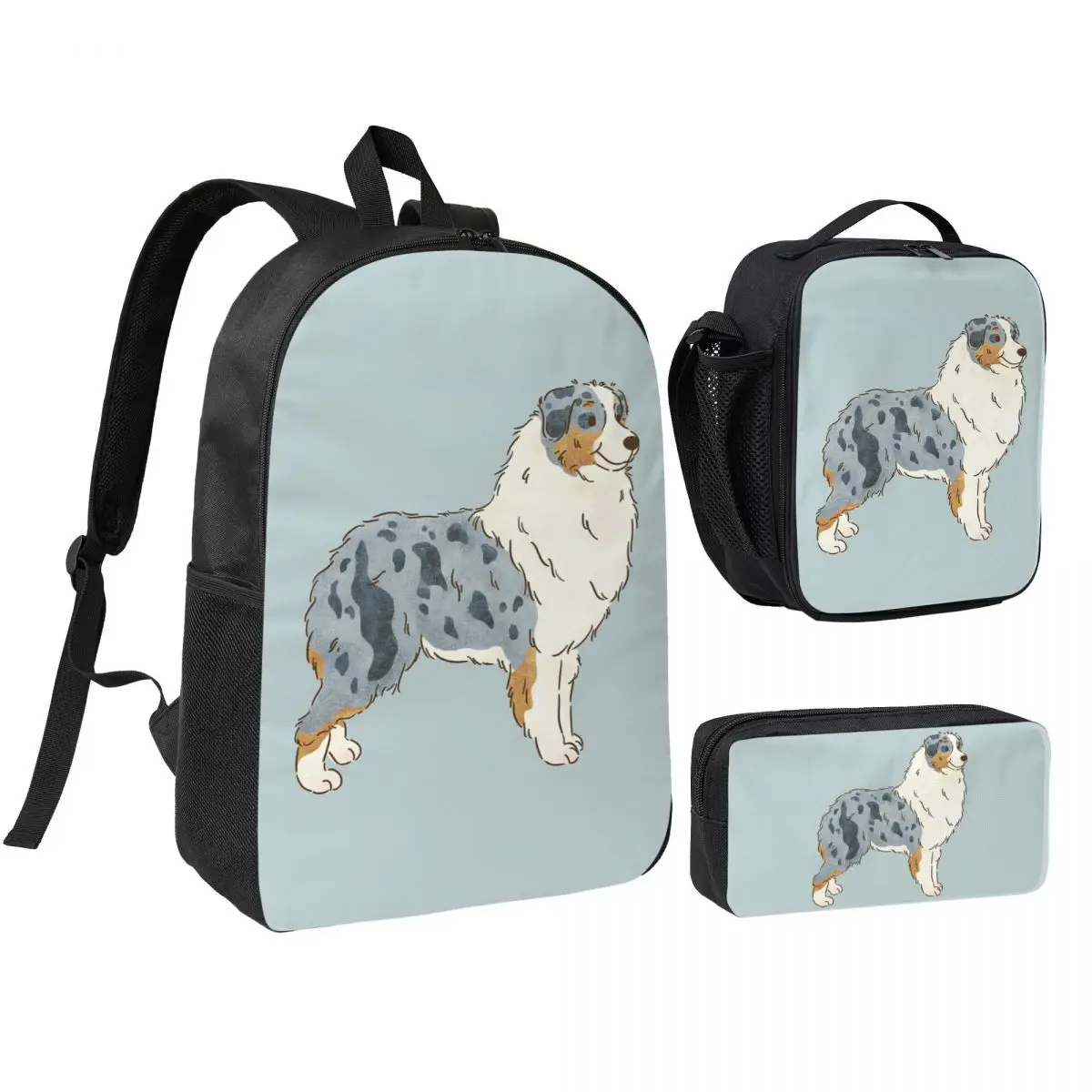 Australian Shepherd Aussie Dog Backpack Boys Girls BookBag School Bag Shoulder Bags 3ps Insulated Lunch Bag Pencil Case