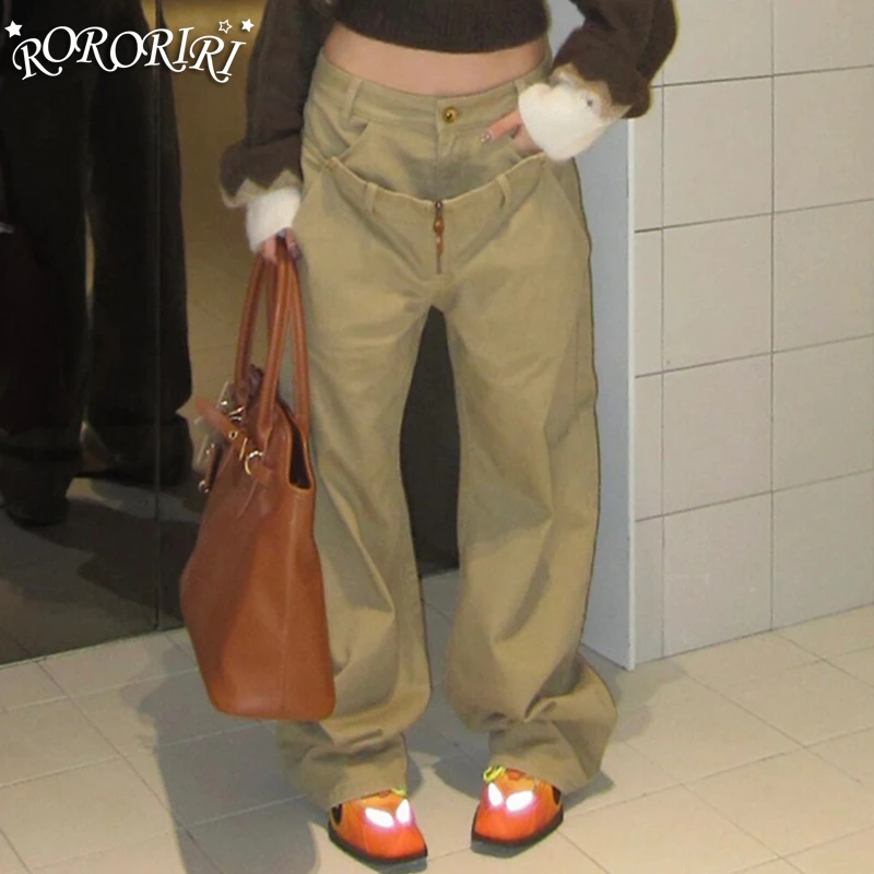 

RORORIRI Поддельная рабочая одежда из двух предметов, прямые брюки цвета хаки, однотонные джинсы с двойной талией, уличная одежда в стиле ретро, повседневные брюки-тапочки