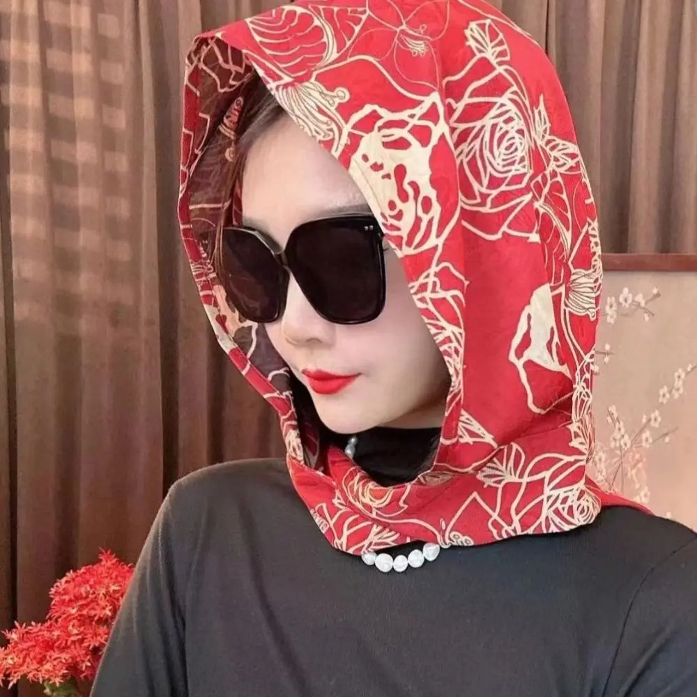 Gorro turbante estampado elegante, pañuelo de seda con telar para pintura de lino y algodón, protector solar, pañuelo para la cabeza de poliéster para mujer