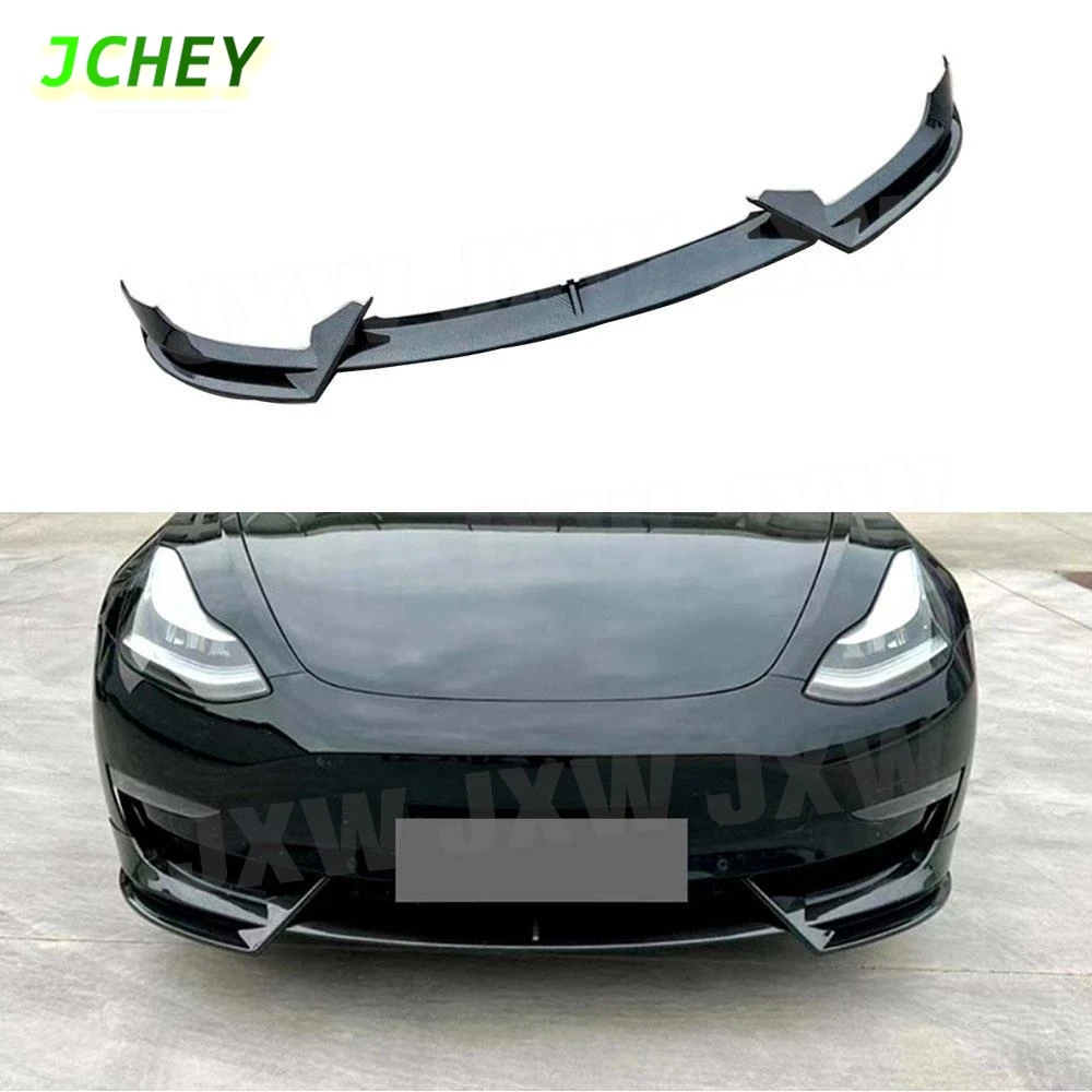 

JCHEY 3Pcs/Set ABS Carbon Look Front Bumper Lip Spoiler Trim for Tesla Model 3 2017 + Gloss Black Car Bodykits