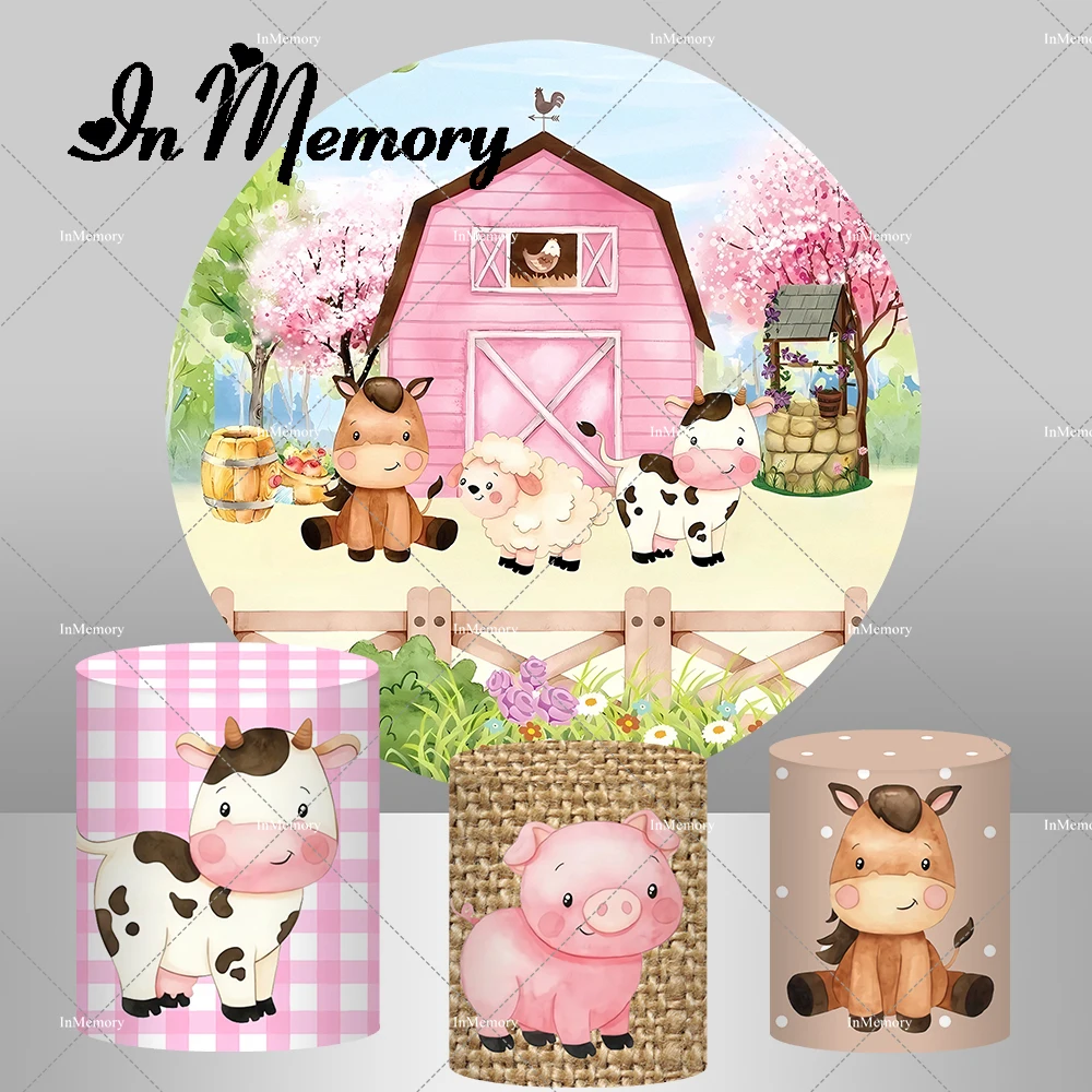 Farm Themed Round Backdrop Little Cow Pig Horse Pink Girls 1st Birthday Baby Shower Party Decor Background Plinth Covers