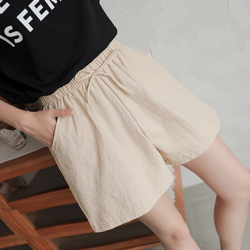 2022 Summer Elegant High Waist Flax Shorts Women Casual Solid Wide Leg Loose Cotton Linen Short Bottom Pants Pocket Biker Shorts