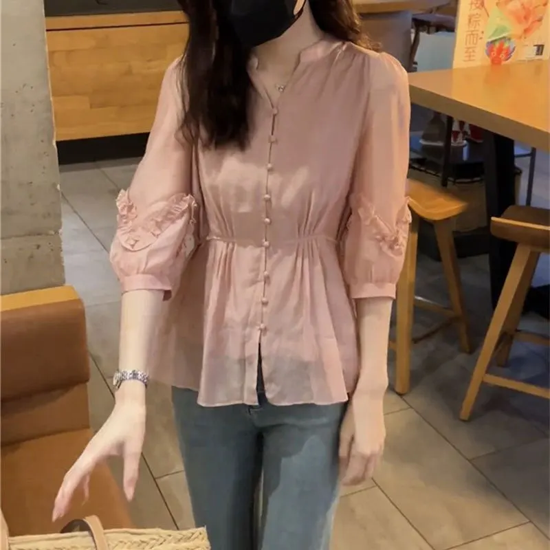 Spring Summer Solid Color Waist Shirt Commute 3/4 Sleeve Female Clothing Single-breasted Stylish Folds Spliced Drawstring Blouse