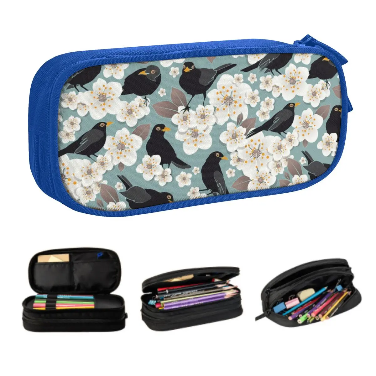 Custom Funny Bird Waiting For The Cherries Pencil Cases for Big Capacity Sakura Cherry Blossom Pencil Pouch School Accessories