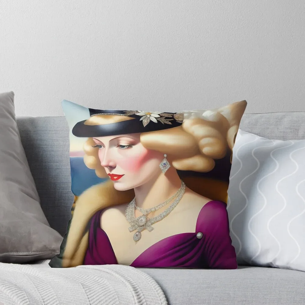 

Last Summer in Melbourne, Jazz Age art deco female still life roaring twenties portrait painting Throw Pillow