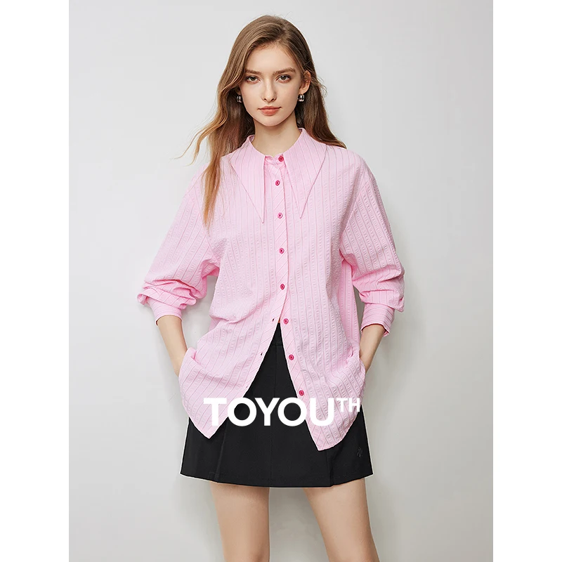 

TOYOUTH Women Blouse Shirt 2024 Autumn New Striped Long Sleeve Single Breasted Button Peter Pan Collar Tops