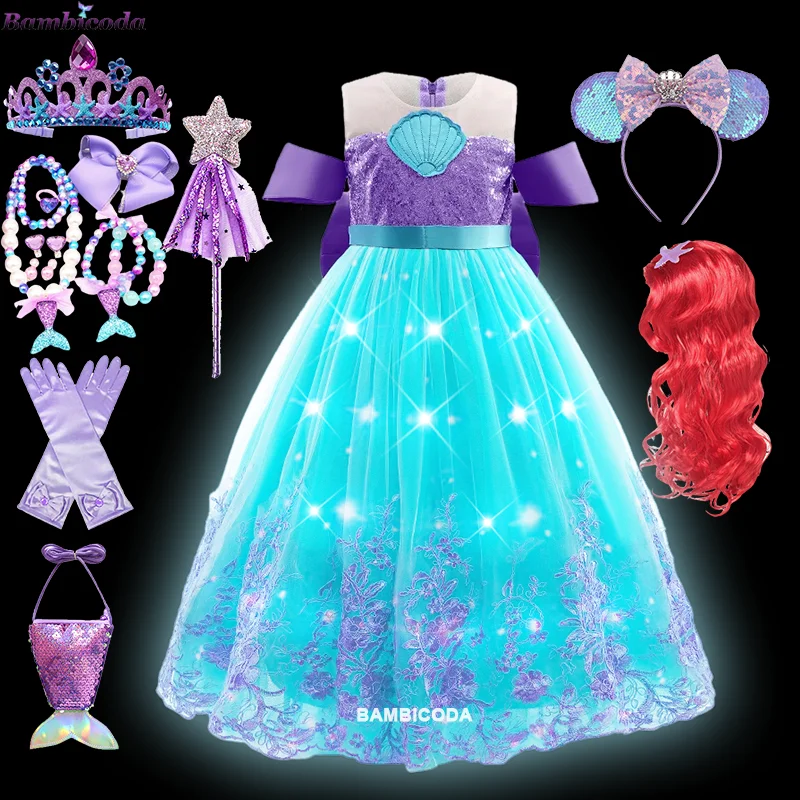 Christmas Fantasia Carnival Halloween Cosplay Princess Ariel Masquerade Birthday Party LED Dress up Little Girl Mermaid Costume