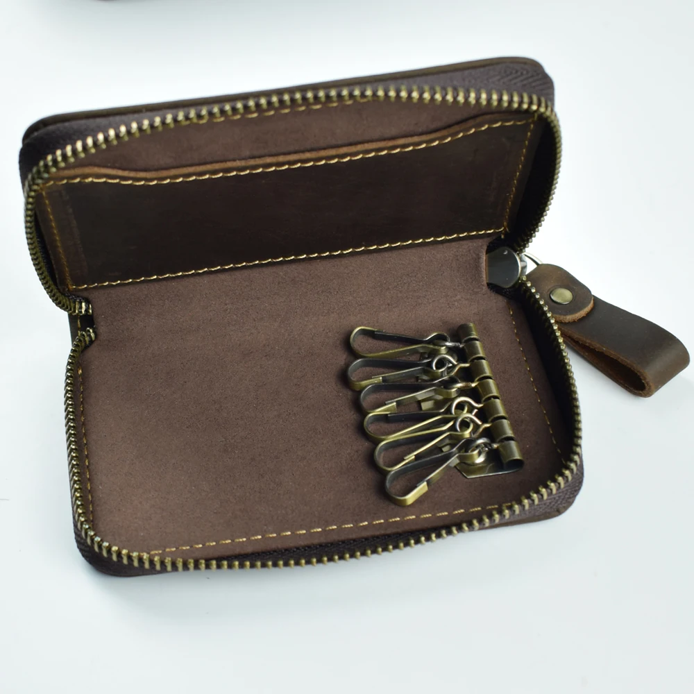 Multi-Function Leather Key Case – Internal Metal Hook Card Pocket Zipper Wallet Portable Travel Organizer for Men