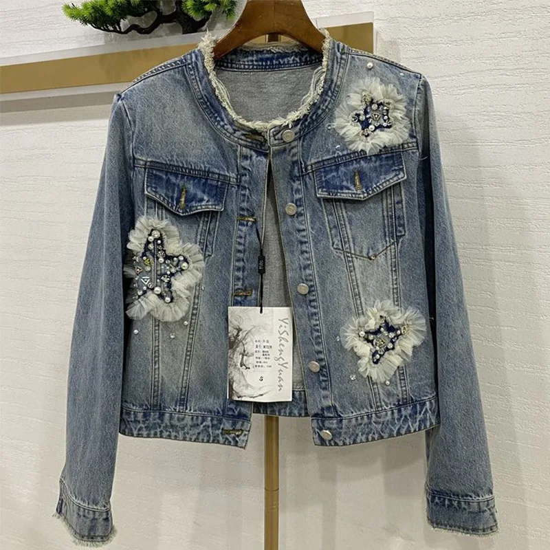 

Vintage Women's Elegant Flower Frayed Edge Denim Jacket Harajuku Spring Autumn Beaded Top Quality Short Jean Coat Y2k Outwear