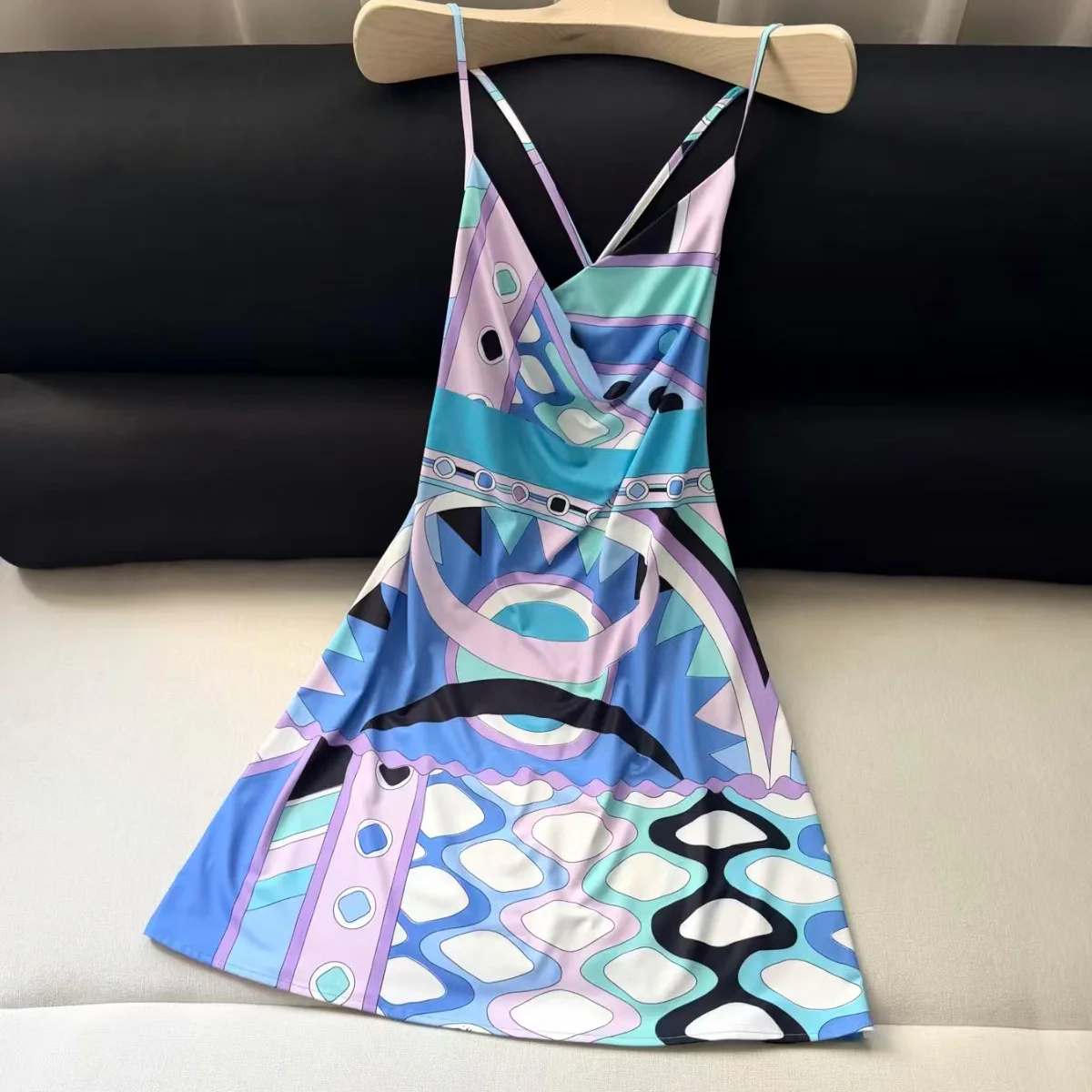 High Quality Abstract Print Spaghetti Strap Mini Dress Elastic Knit Bodycon Short Dresses Daily Vacation Elegant Outfit
